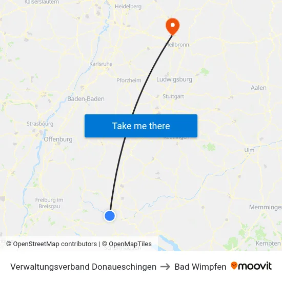 Verwaltungsverband Donaueschingen to Bad Wimpfen map