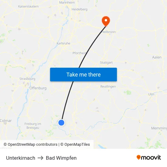 Unterkirnach to Bad Wimpfen map