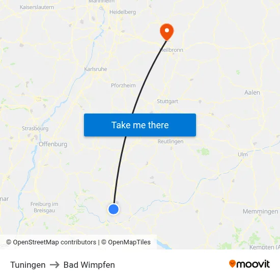 Tuningen to Bad Wimpfen map