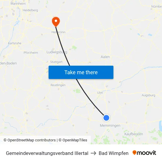 Gemeindeverwaltungsverband Illertal to Bad Wimpfen map