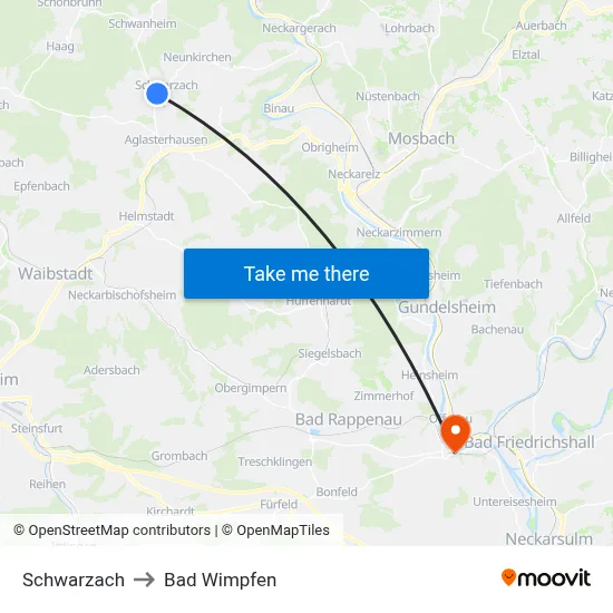 Schwarzach to Bad Wimpfen map