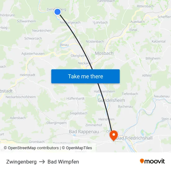 Zwingenberg to Bad Wimpfen map