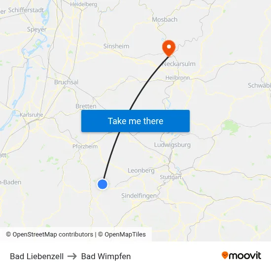 Bad Liebenzell to Bad Wimpfen map