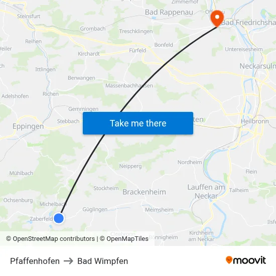 Pfaffenhofen to Bad Wimpfen map