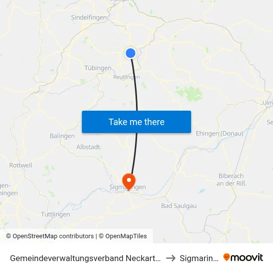 Gemeindeverwaltungsverband Neckartenzlingen to Sigmaringen map