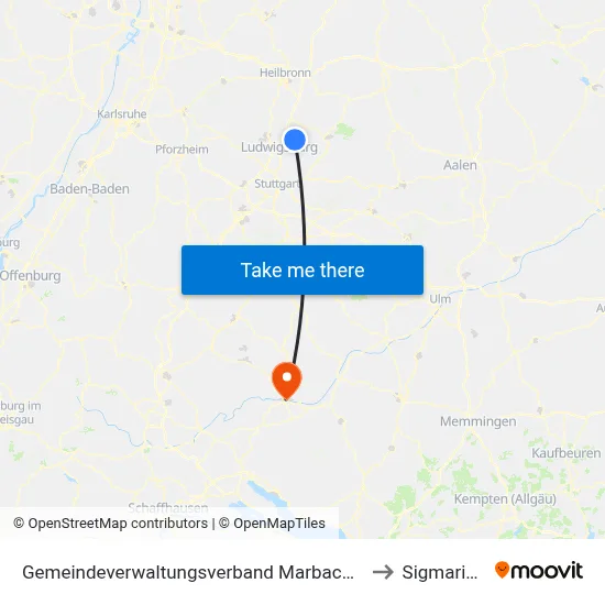 Gemeindeverwaltungsverband Marbach am Neckar to Sigmaringen map