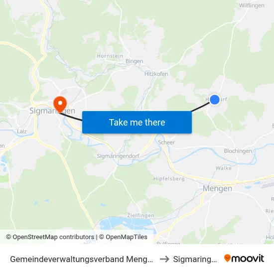 Gemeindeverwaltungsverband Mengen to Sigmaringen map