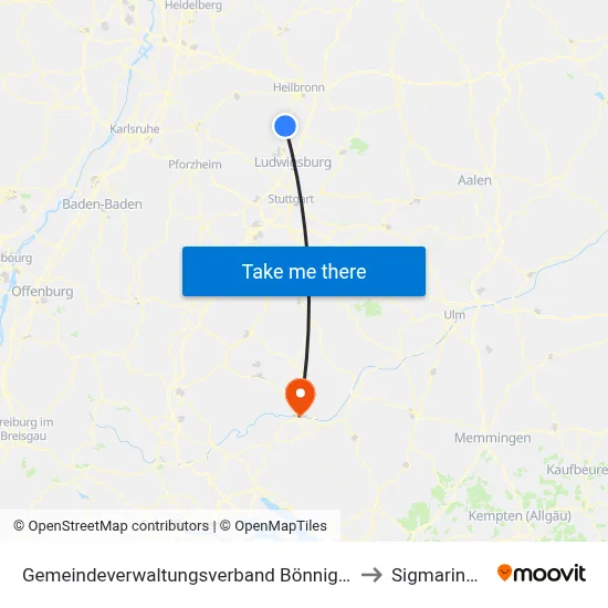 Gemeindeverwaltungsverband Bönnigheim to Sigmaringen map