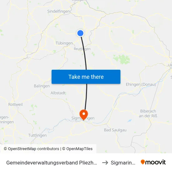 Gemeindeverwaltungsverband Pliezhausen to Sigmaringen map