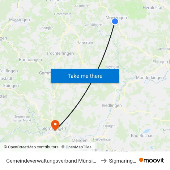 Gemeindeverwaltungsverband Münsingen to Sigmaringen map
