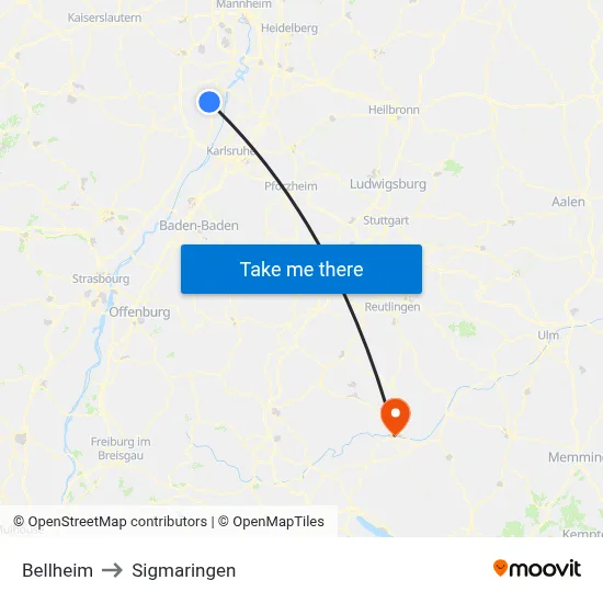 Bellheim to Sigmaringen map