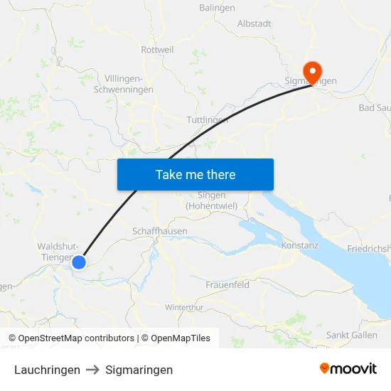 Lauchringen to Sigmaringen map