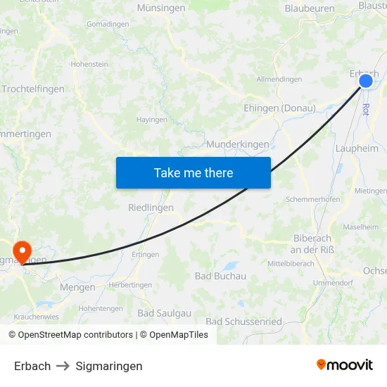 Erbach to Sigmaringen map