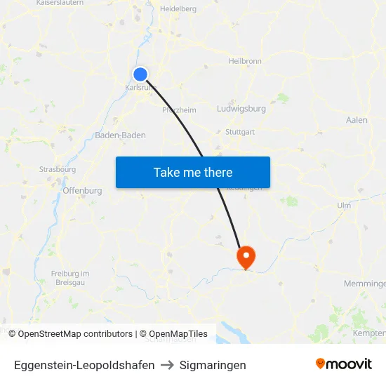 Eggenstein-Leopoldshafen to Sigmaringen map