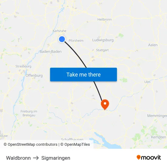 Waldbronn to Sigmaringen map