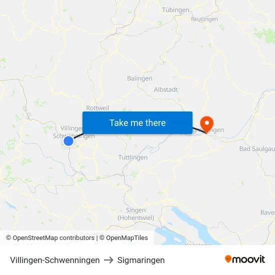 Villingen-Schwenningen to Sigmaringen map