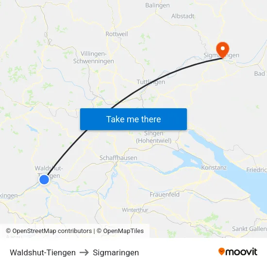 Waldshut-Tiengen to Sigmaringen map