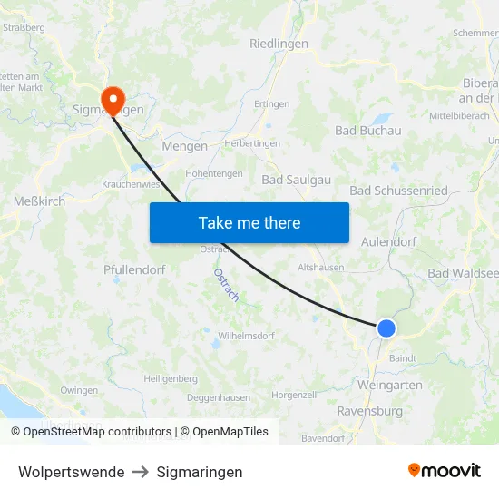 Wolpertswende to Sigmaringen map