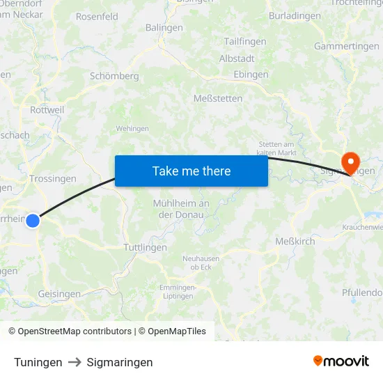 Tuningen to Sigmaringen map