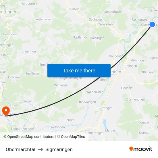 Obermarchtal to Sigmaringen map