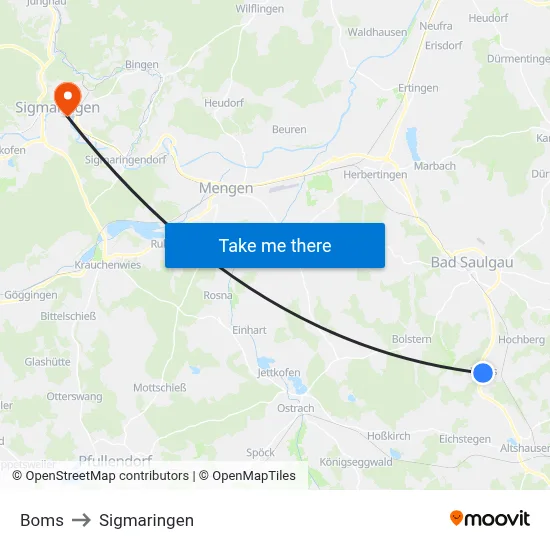 Boms to Sigmaringen map