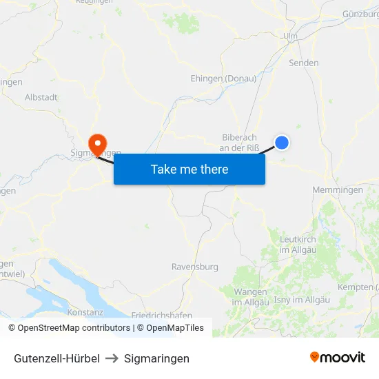 Gutenzell-Hürbel to Sigmaringen map