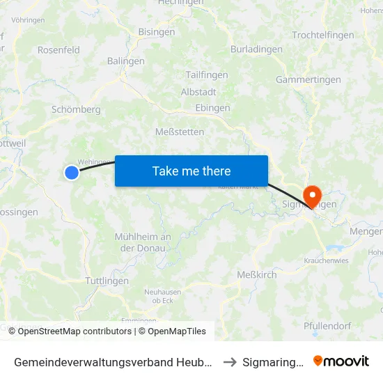 Gemeindeverwaltungsverband Heuberg to Sigmaringen map