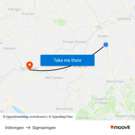 Vöhringen to Sigmaringen map