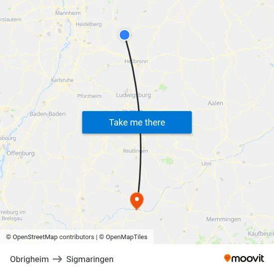 Obrigheim to Sigmaringen map