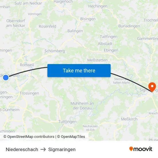 Niedereschach to Sigmaringen map