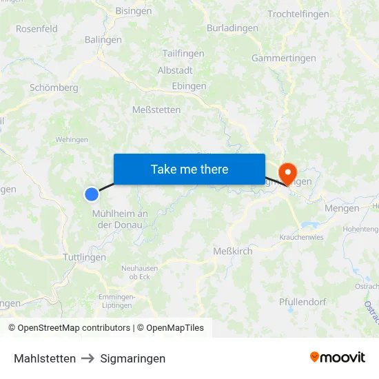 Mahlstetten to Sigmaringen map