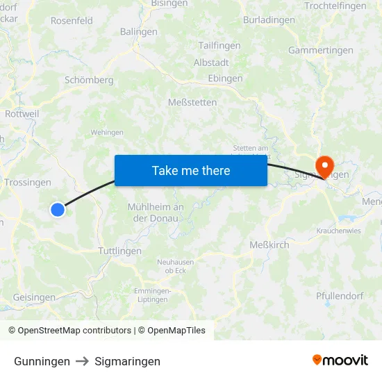 Gunningen to Sigmaringen map