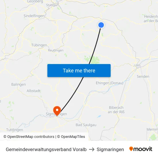 Gemeindeverwaltungsverband Voralb to Sigmaringen map