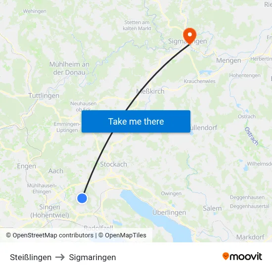Steißlingen to Sigmaringen map