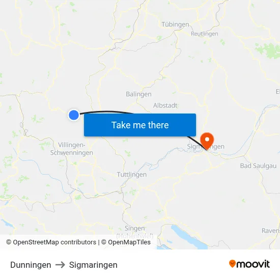 Dunningen to Sigmaringen map