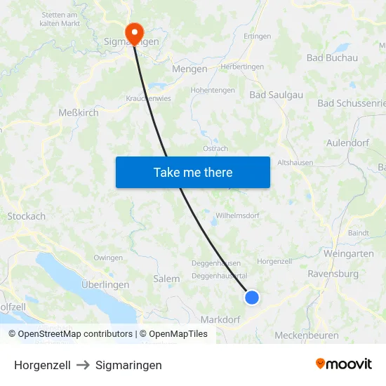 Horgenzell to Sigmaringen map