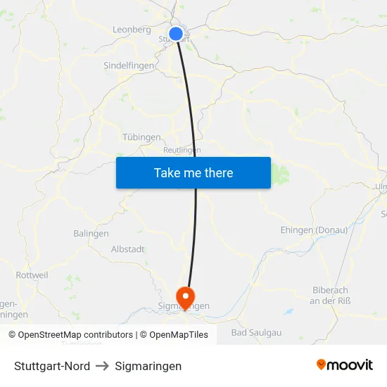 Stuttgart-Nord to Sigmaringen map