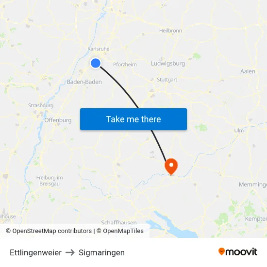 Ettlingenweier to Sigmaringen map