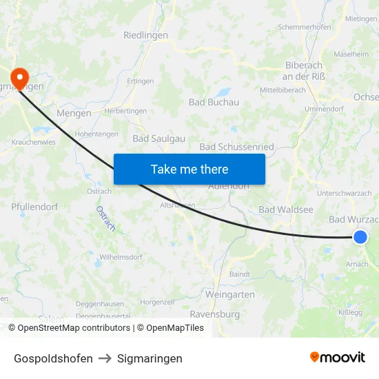 Gospoldshofen to Sigmaringen map