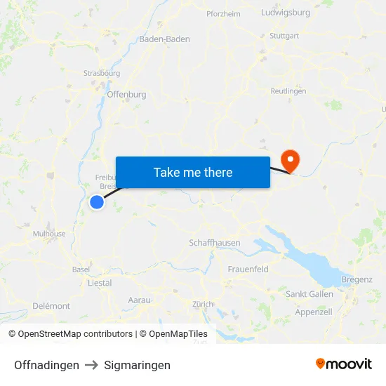 Offnadingen to Sigmaringen map