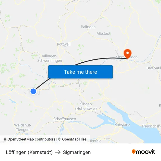 Löffingen (Kernstadt) to Sigmaringen map