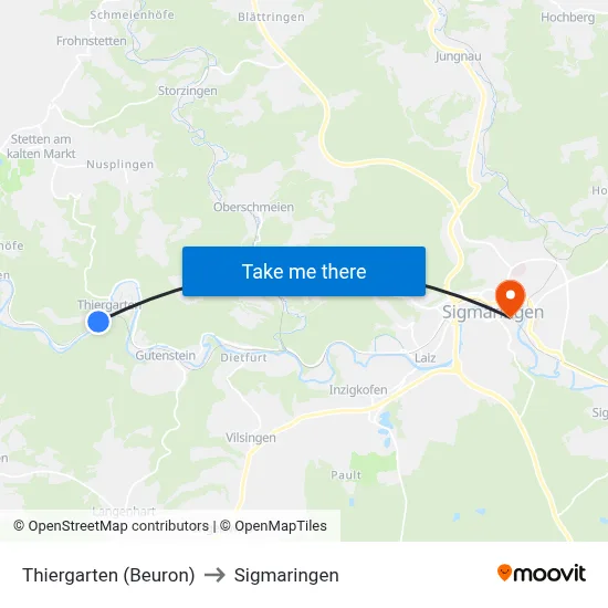Thiergarten (Beuron) to Sigmaringen map