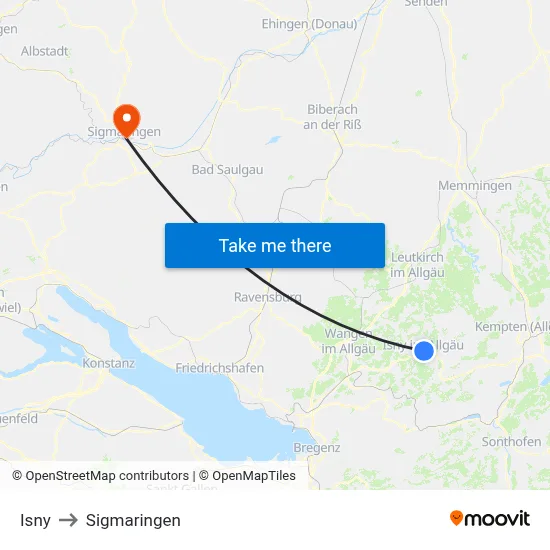 Isny to Sigmaringen map