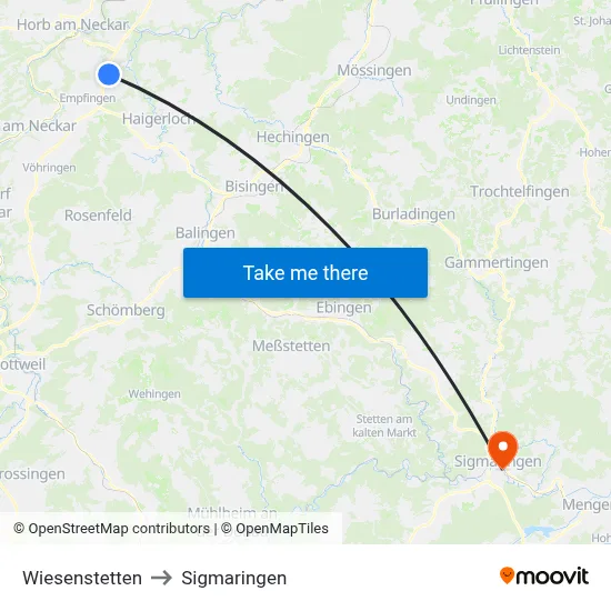 Wiesenstetten to Sigmaringen map