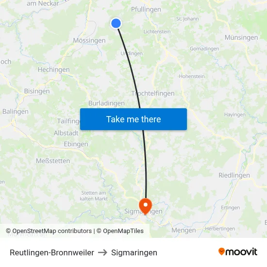 Reutlingen-Bronnweiler to Sigmaringen map