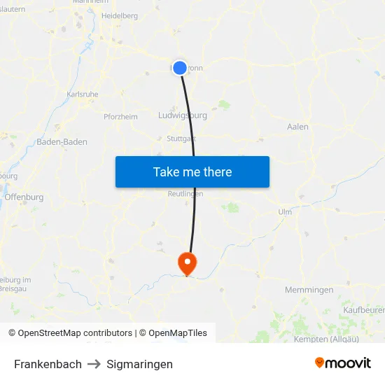 Frankenbach to Sigmaringen map