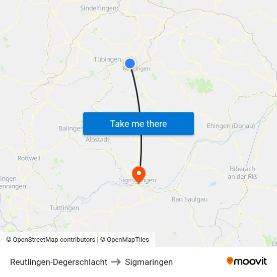 Reutlingen-Degerschlacht to Sigmaringen map