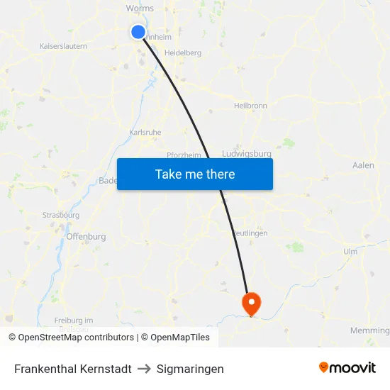 Frankenthal Kernstadt to Sigmaringen map
