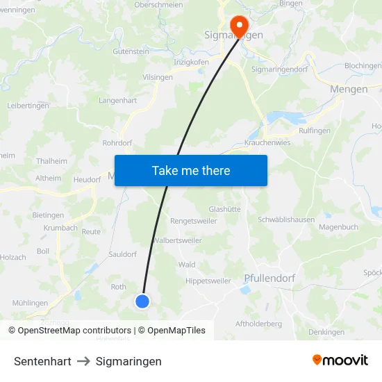 Sentenhart to Sigmaringen map