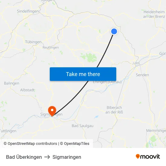 Bad Überkingen to Sigmaringen map
